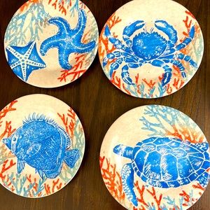 Set of 4 coastal desert plates really vibrant colors Crab Fish Turtle & Starfish